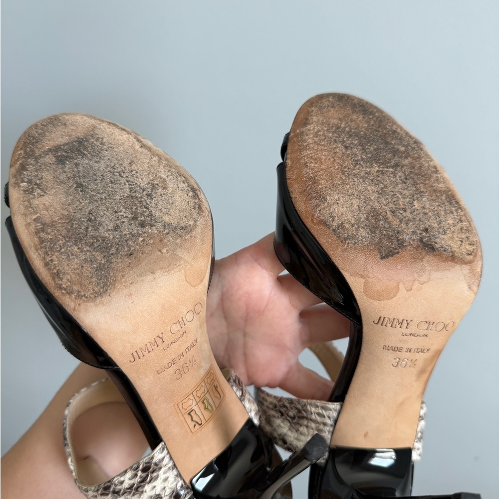Jimmy Choo Black Patent Leather Heels with Snakeskin Ankle Strap - Picture 5 of 8